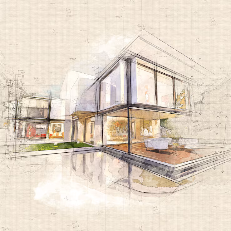 illustration-beautiful-modern-villa-with-pool-late-afternoon_190619-1634